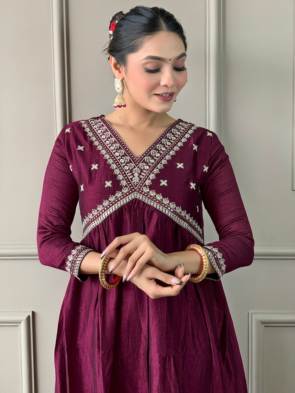 The52 Embroidered Vichitra Silk Fabric Straight Kurta, Pant and Dupatta Set | Grocsy