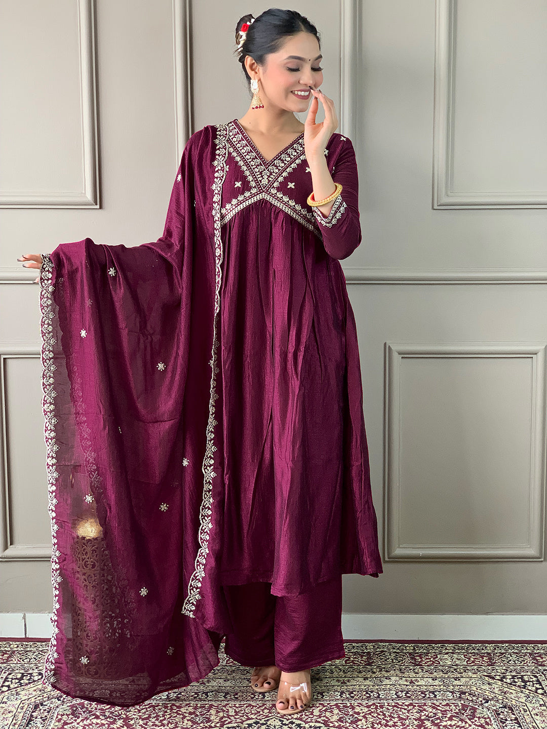 The52 Embroidered Vichitra Silk Fabric Straight Kurta, Pant and Dupatta Set | Grocsy