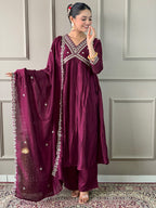 The52 Embroidered Vichitra Silk Fabric Straight Kurta, Pant and Dupatta Set | Grocsy