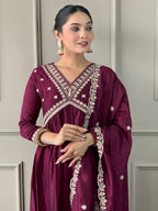 The52 Embroidered Vichitra Silk Fabric Straight Kurta, Pant and Dupatta Set | Grocsy
