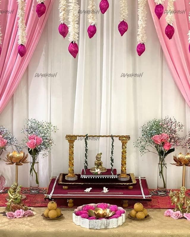 Divyakosh Lotus Wall Hangings - 5 Pcs Floral Temple & Stage Decor - Pink Lotus Buds, 4 Ft Each | Grocsy