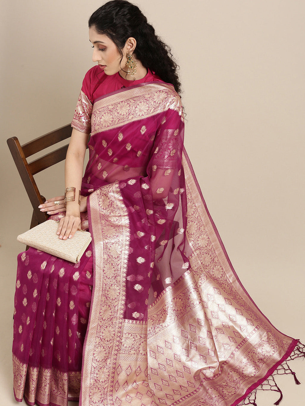Saree Mall Magenta Ethnic Motifs Zari Organza Banarasi Saree | Grocsy