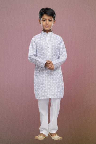Raivat Ethnic Cotton Digital Print Kids Kurta Pajama In Light Grey Colour | Grocsy