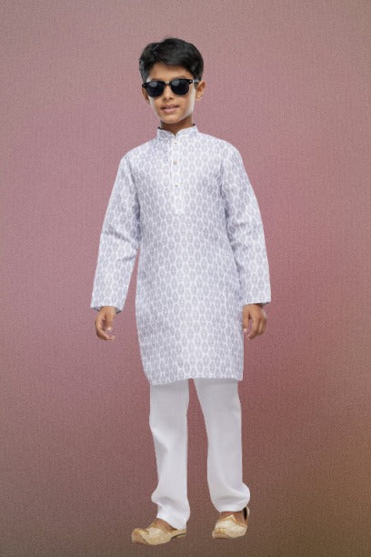 Raivat Ethnic Cotton Digital Print Kids Kurta Pajama In Light Grey Colour | Grocsy