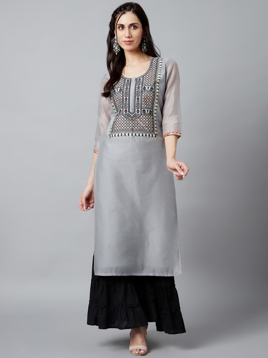 Aks Ethnic Motifs Yoke Design Thread Work Chanderi Silk Kurta | Grocsy
