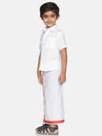 Sethukrishna Boys White Pure Cotton Solid Shirt and Veshti Set | Grocsy