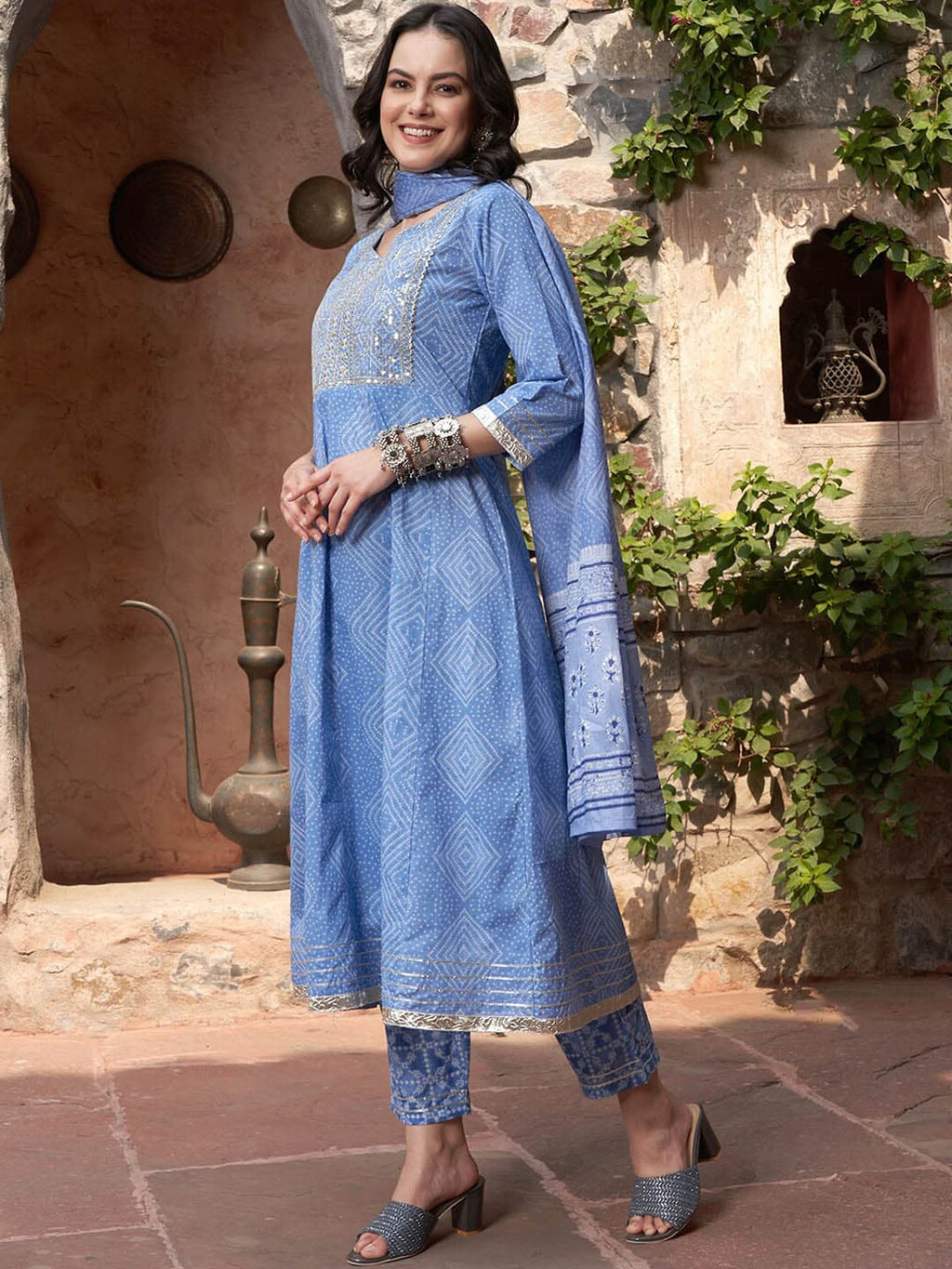 Sangria Blue Printed & Embroidered Pure Cotton A-Line Kurta With Trouser & Dupatta | Grocsy