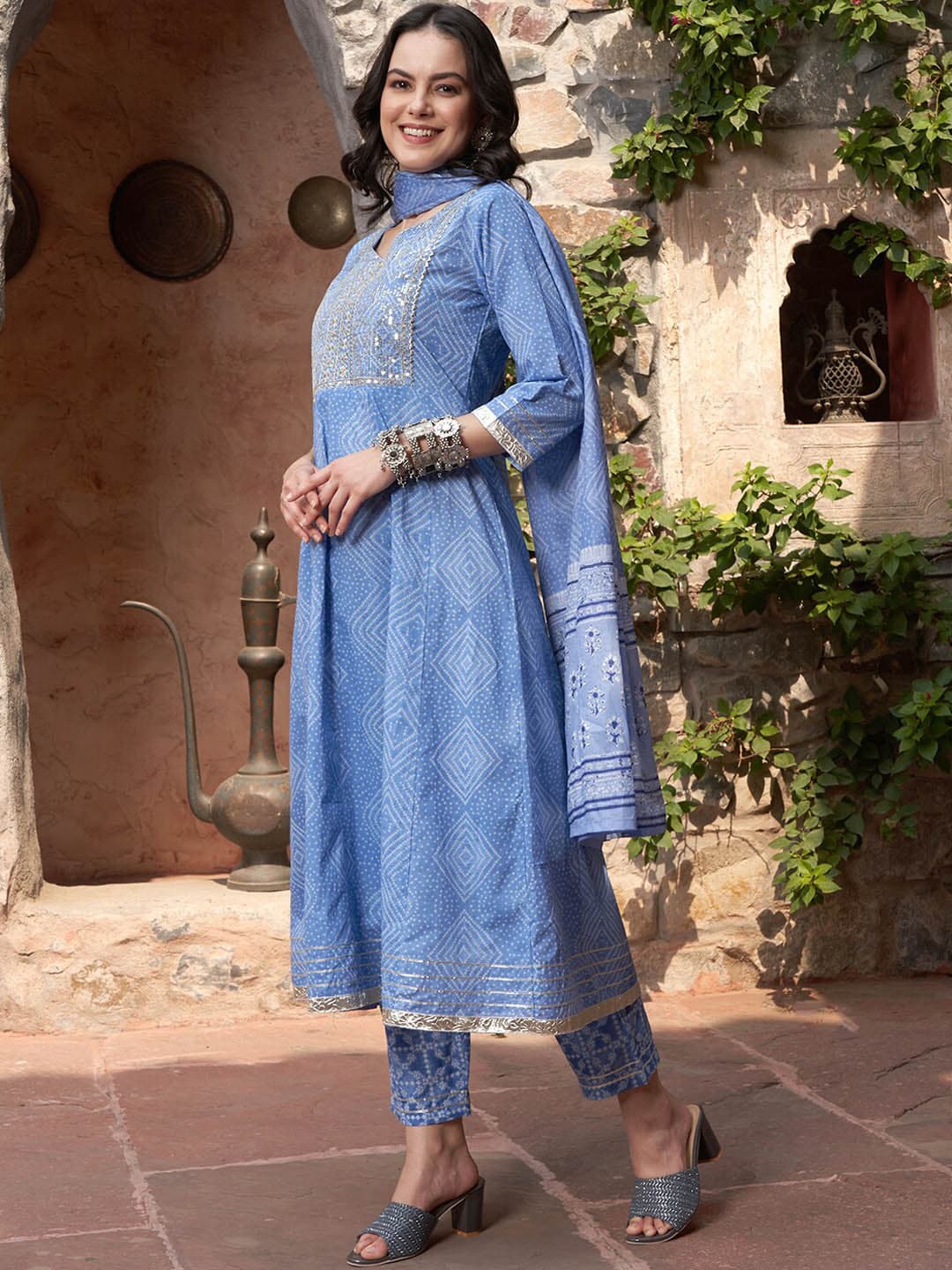 Sangria Blue Printed & Embroidered Pure Cotton A-Line Kurta With Trouser & Dupatta | Grocsy