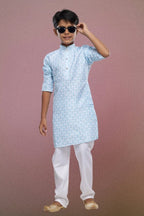 Raivat Ethnic Cotton Digital Print Kids Kurta Pajama In Light Blue Colour | Grocsy