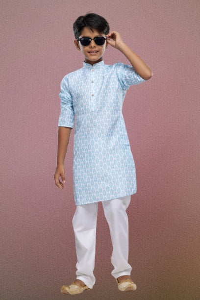 Raivat Ethnic Cotton Digital Print Kids Kurta Pajama In Light Blue Colour | Grocsy