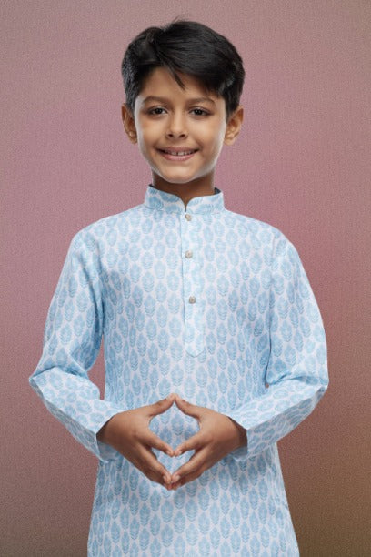Raivat Ethnic Cotton Digital Print Kids Kurta Pajama In Light Blue Colour | Grocsy
