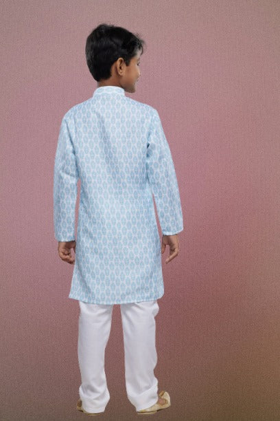Raivat Ethnic Cotton Digital Print Kids Kurta Pajama In Light Blue Colour | Grocsy