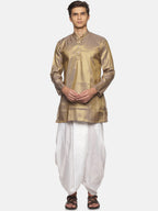 Sethukrishna Men Gold-Toned Bandhani Printed Art Silk Kurta with Dhoti Pants | Grocsy