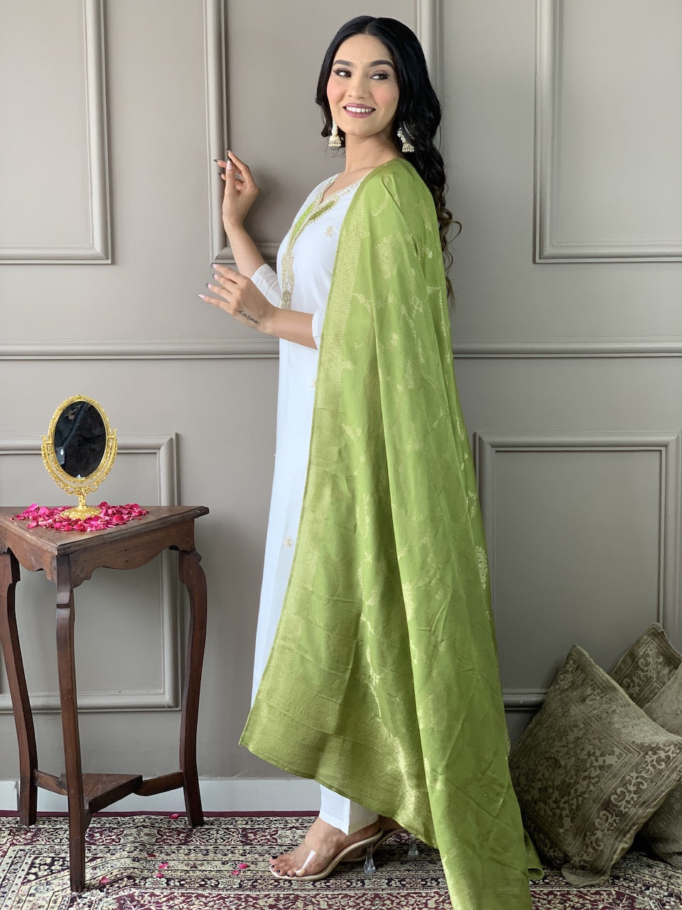 The52 White Embroidered Viscose Blend Fabric Straight Kurta, Pant and Dupatta Set | Grocsy