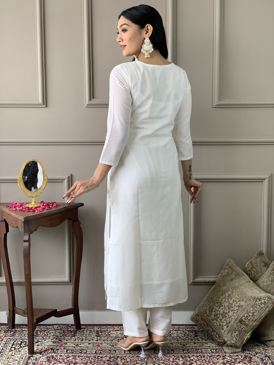 The52 White Embroidered Viscose Blend Fabric Straight Kurta, Pant and Dupatta Set | Grocsy