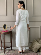 The52 White Embroidered Viscose Blend Fabric Straight Kurta, Pant and Dupatta Set | Grocsy