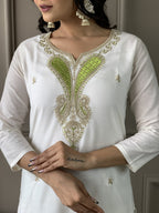 The52 White Embroidered Viscose Blend Fabric Straight Kurta, Pant and Dupatta Set | Grocsy