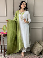 The52 White Embroidered Viscose Blend Fabric Straight Kurta, Pant and Dupatta Set | Grocsy