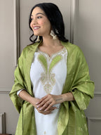 The52 White Embroidered Viscose Blend Fabric Straight Kurta, Pant and Dupatta Set | Grocsy