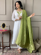 The52 White Embroidered Viscose Blend Fabric Straight Kurta, Pant and Dupatta Set | Grocsy