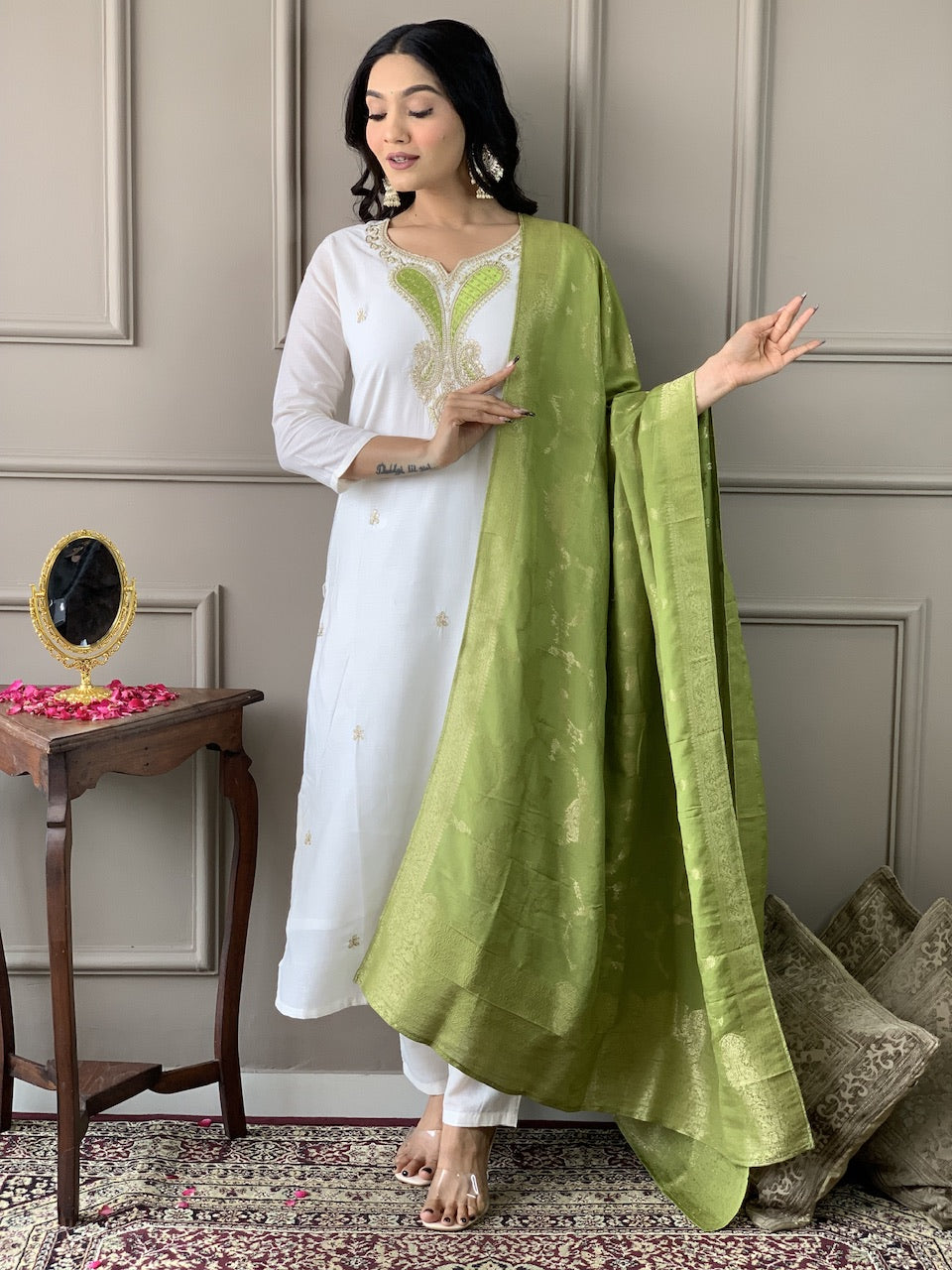 The52 White Embroidered Viscose Blend Fabric Straight Kurta, Pant and Dupatta Set | Grocsy