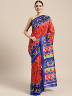 Saree Mall Red & Blue Printed Bhagalpuri Saree | Grocsy