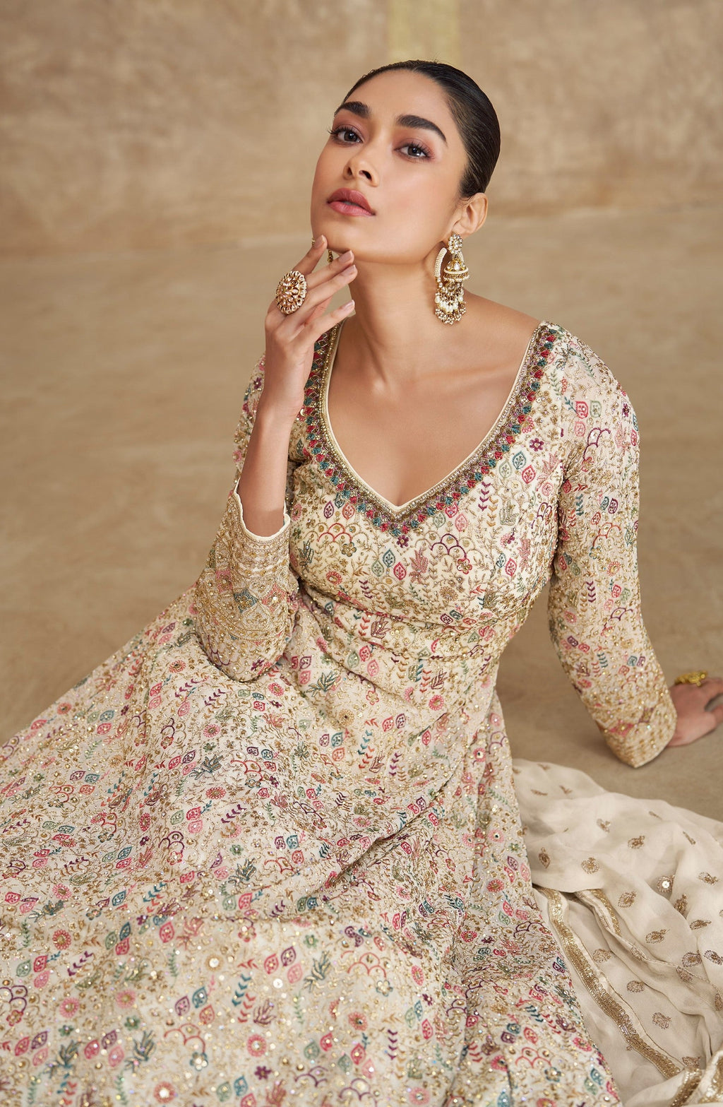 Anaita White Real Georgette Sequins Embroidered Anarkali Salwar Suit | Grocsy