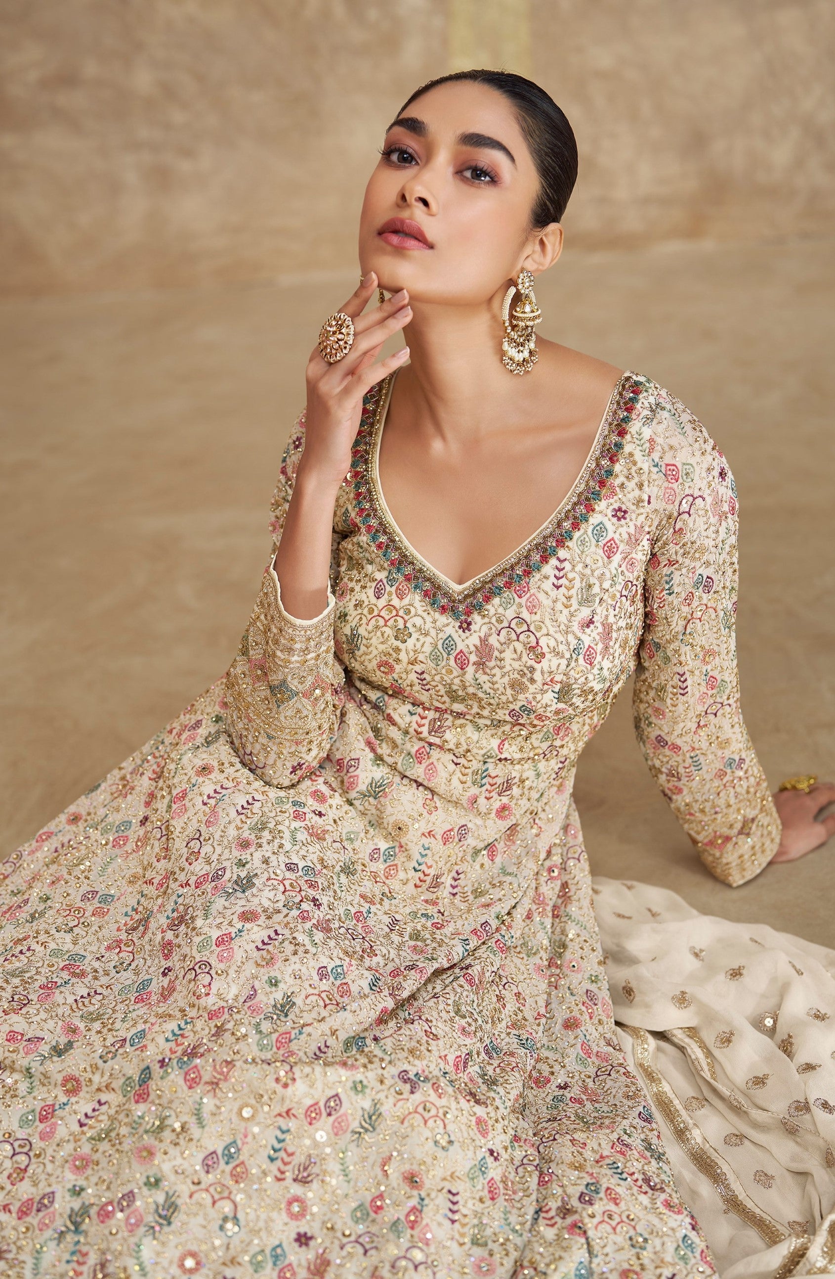 Anaita White Real Georgette Sequins Embroidered Anarkali Salwar Suit | Grocsy