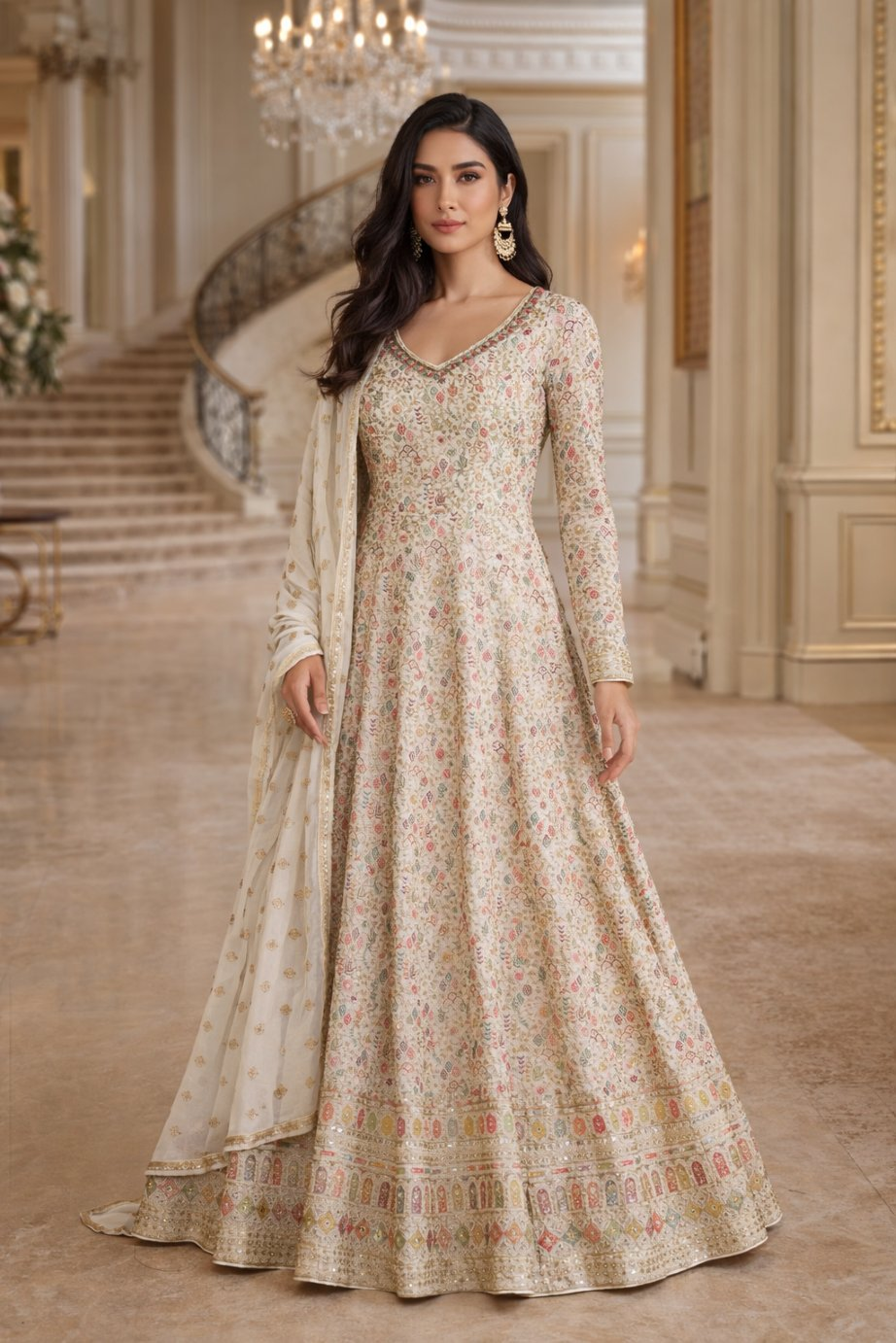 Anaita Cream Georgette Stitched Anarkali Suit with Embroidery Sequence Work | Grocsy
