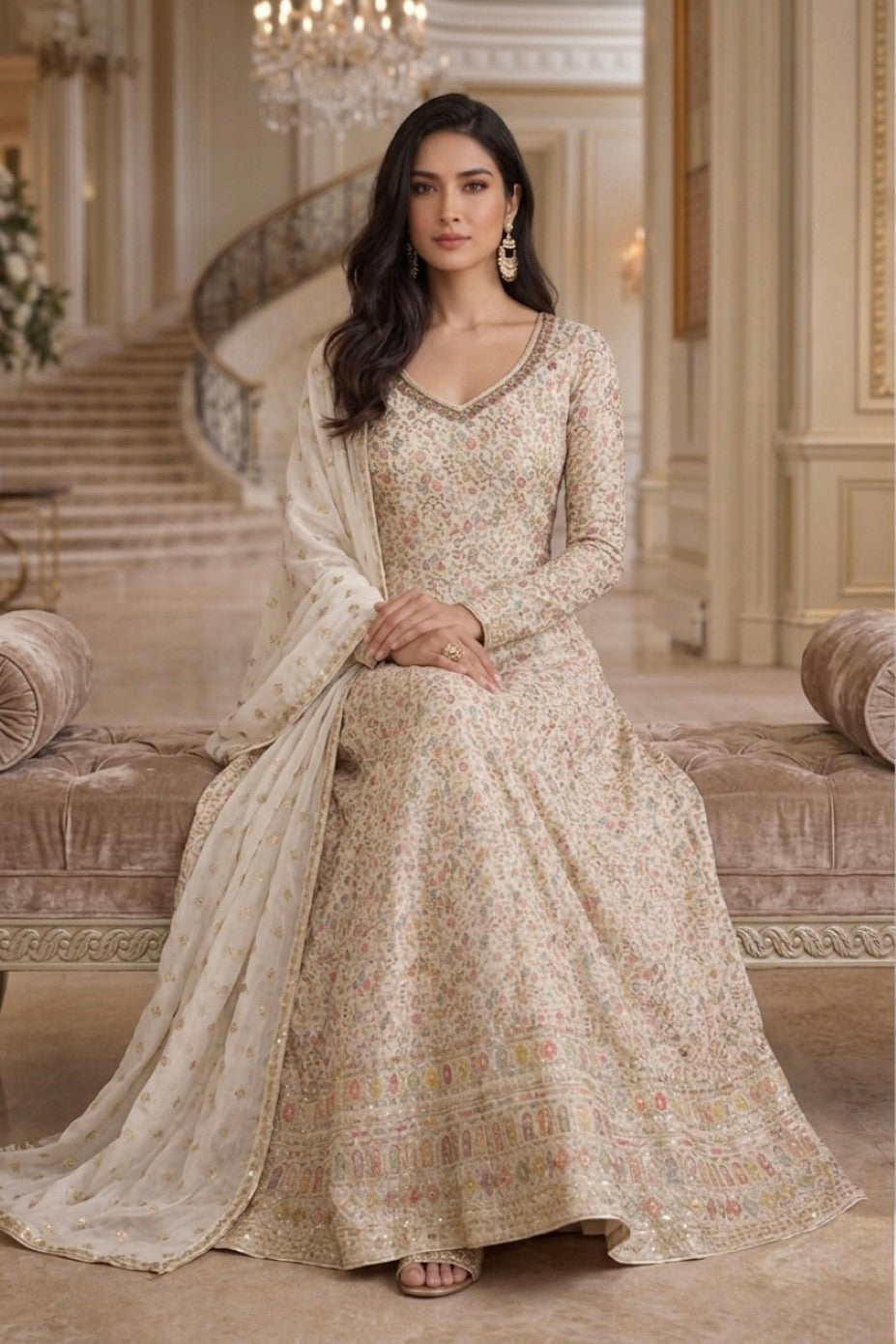 Anaita Cream Georgette Stitched Anarkali Suit with Embroidery Sequence Work | Grocsy