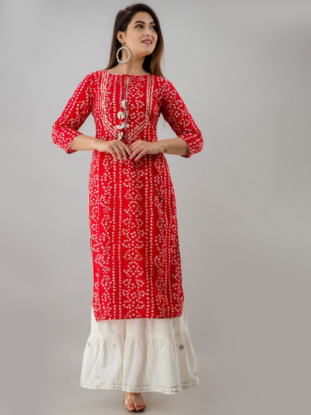 HERE&NOW Red & Gold-Toned Bandhani Printed Gotta Patti Kurta with Sharara | Grocsy