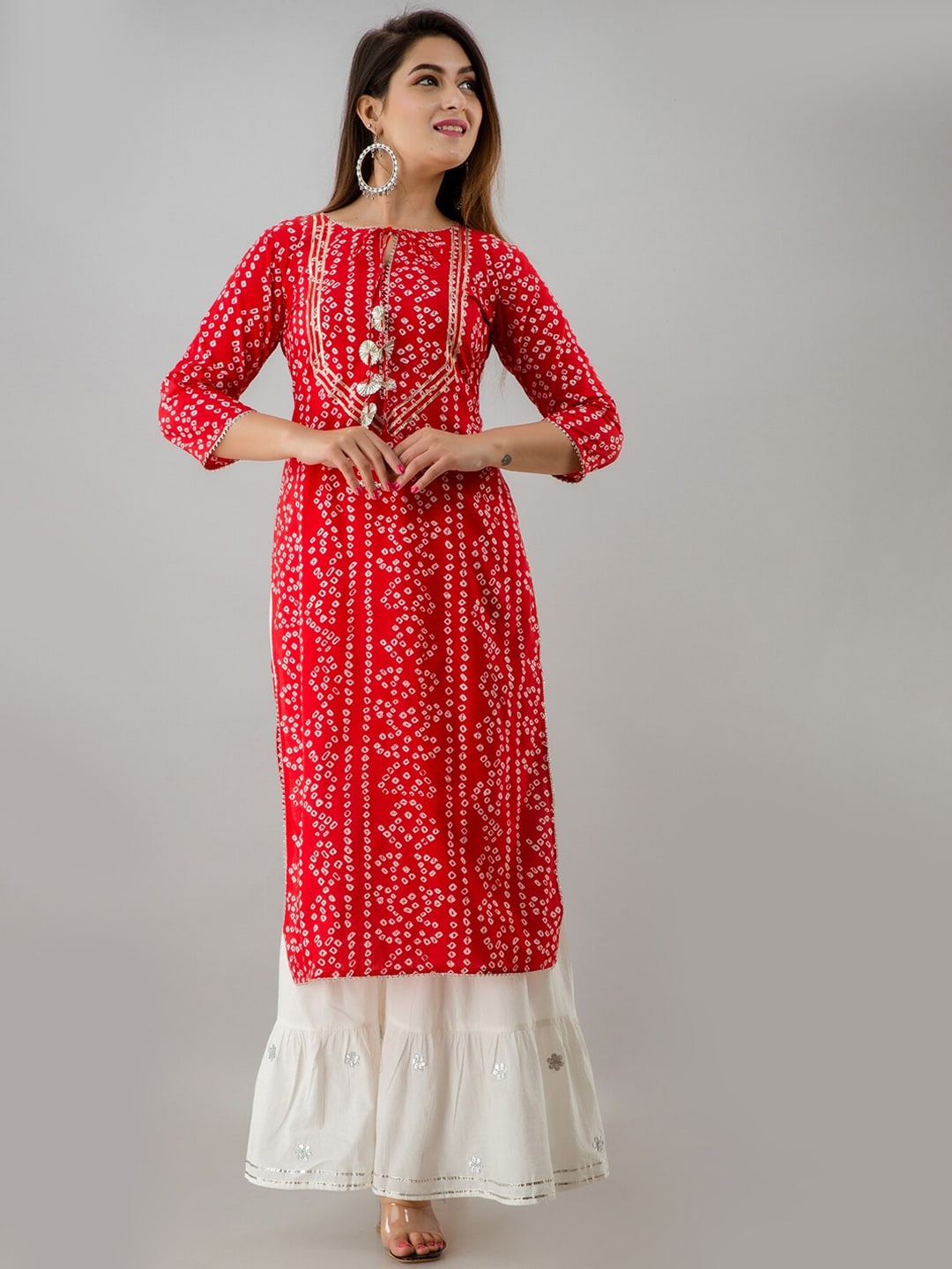 HERE&NOW Red & Gold-Toned Bandhani Printed Gotta Patti Kurta with Sharara | Grocsy