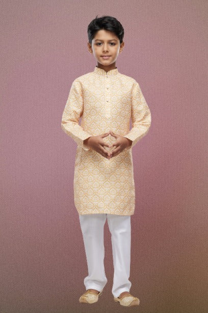 Raivat Ethnic Cotton Digital Print Kids Kurta Pajama In Yellow Colour | Grocsy