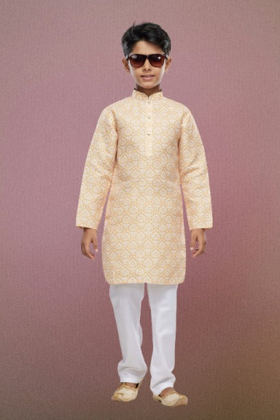 Raivat Ethnic Cotton Digital Print Kids Kurta Pajama In Yellow Colour | Grocsy