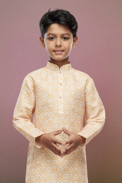 Raivat Ethnic Cotton Digital Print Kids Kurta Pajama In Yellow Colour | Grocsy