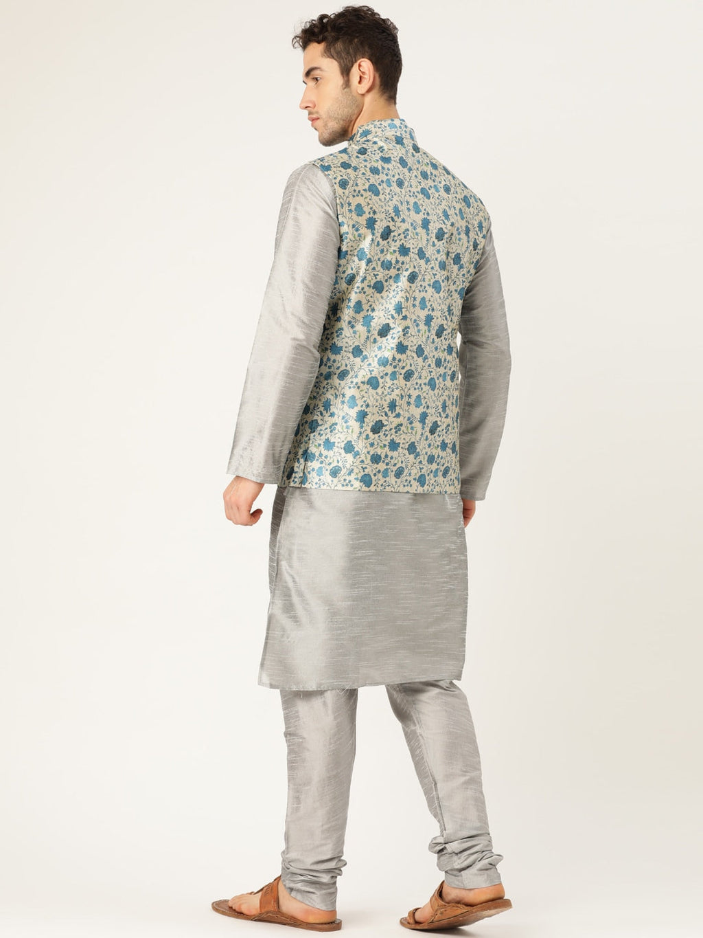 Sojanya Men Grey & Blue Solid Kurta Set with Nehru Jacket | Grocsy
