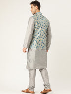 Sojanya Men Grey & Blue Solid Kurta Set with Nehru Jacket | Grocsy