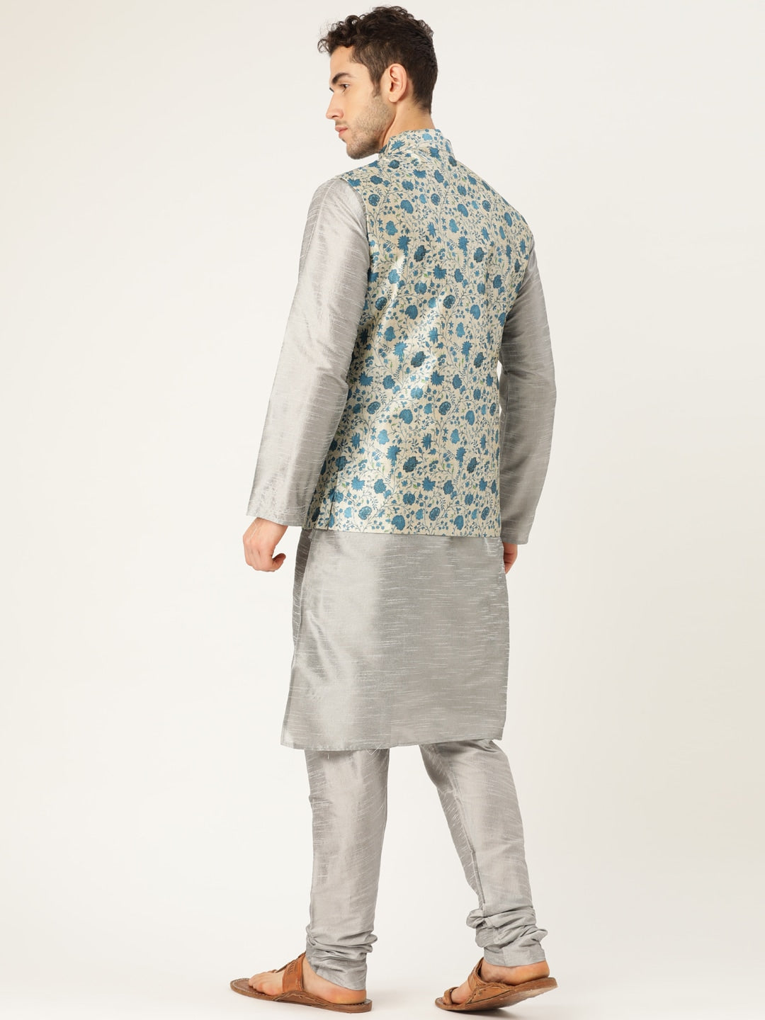 Sojanya Men Grey & Blue Solid Kurta Set with Nehru Jacket | Grocsy