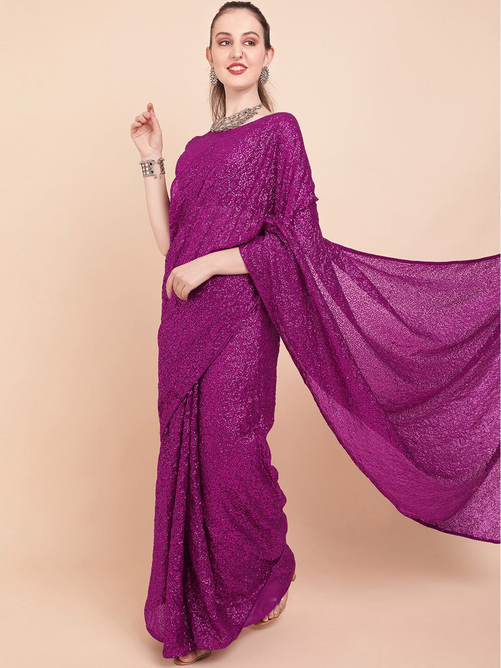 Sangria Sequinned Pure Georgette Party Saree | Grocsy