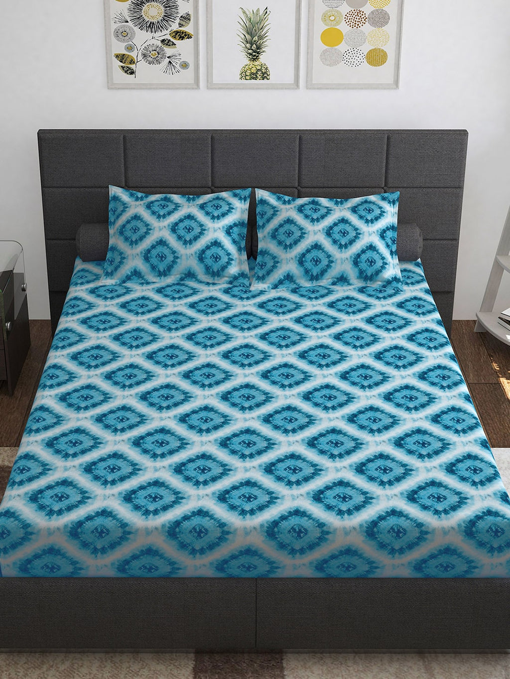 Story@home Blue & Pink Ethnic Motifs Pure Cotton 152TC Queen Bedsheet With 2 Pillow Covers | Grocsy