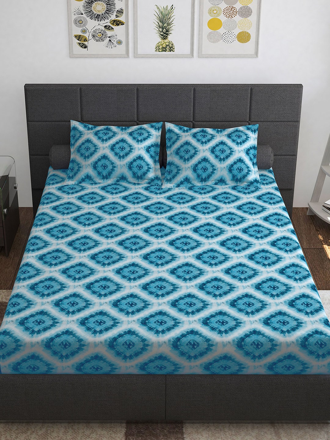Story@home Blue & Pink Ethnic Motifs Pure Cotton 152TC Queen Bedsheet With 2 Pillow Covers | Grocsy