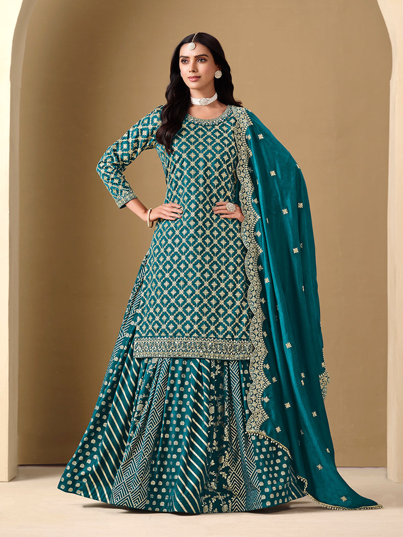 Monjolika Fashion Jacquard Work Dola Teal Readymade Lehenga Choli | Grocsy