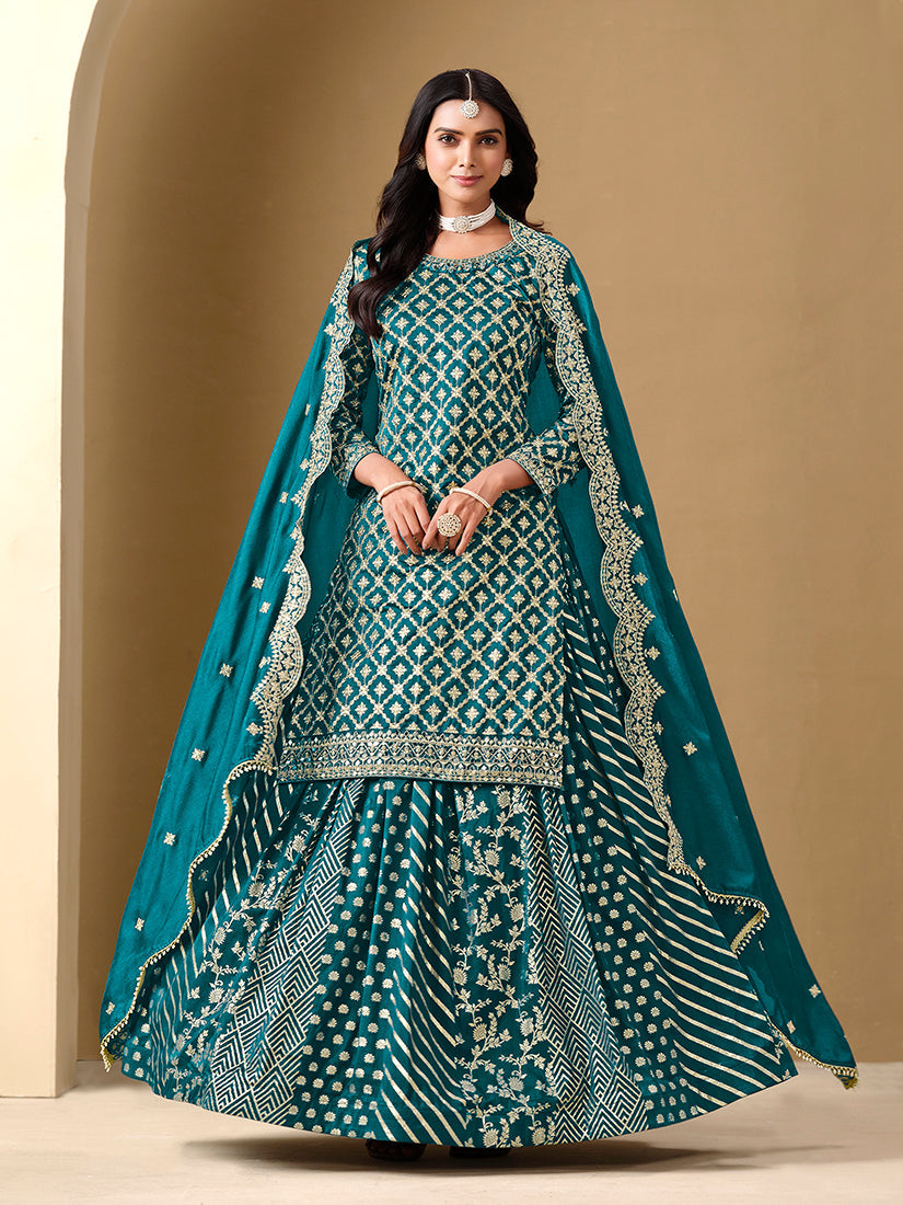 Monjolika Fashion Jacquard Work Dola Teal Readymade Lehenga Choli | Grocsy