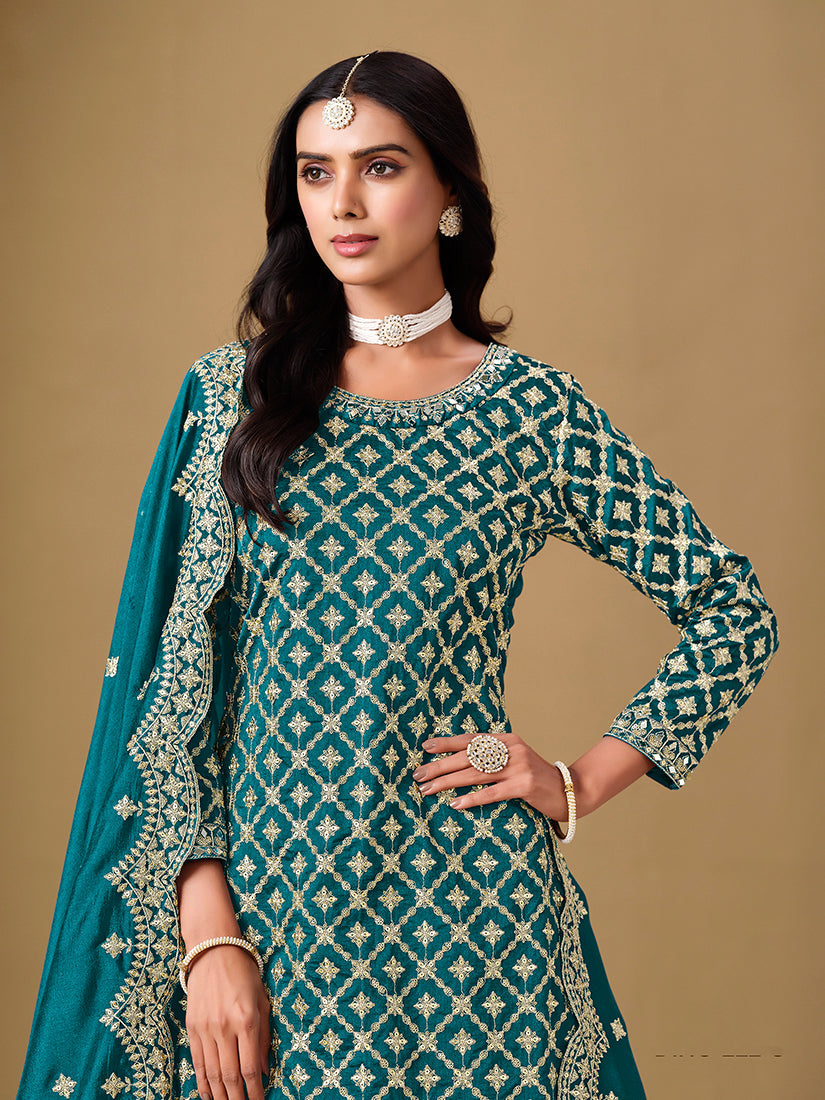 Monjolika Fashion Jacquard Work Dola Teal Readymade Lehenga Choli | Grocsy