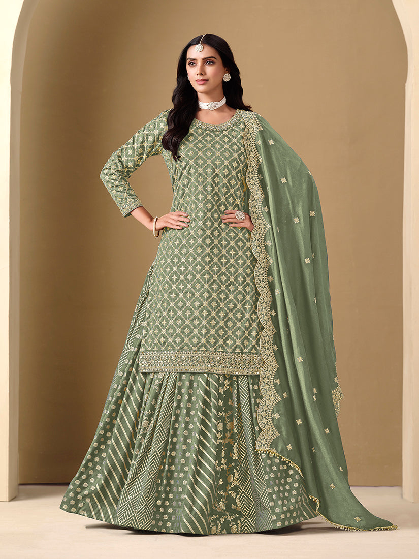 Monjolika Fashion Jacquard Work Dola Sage Green Readymade Lehenga Choli | Grocsy