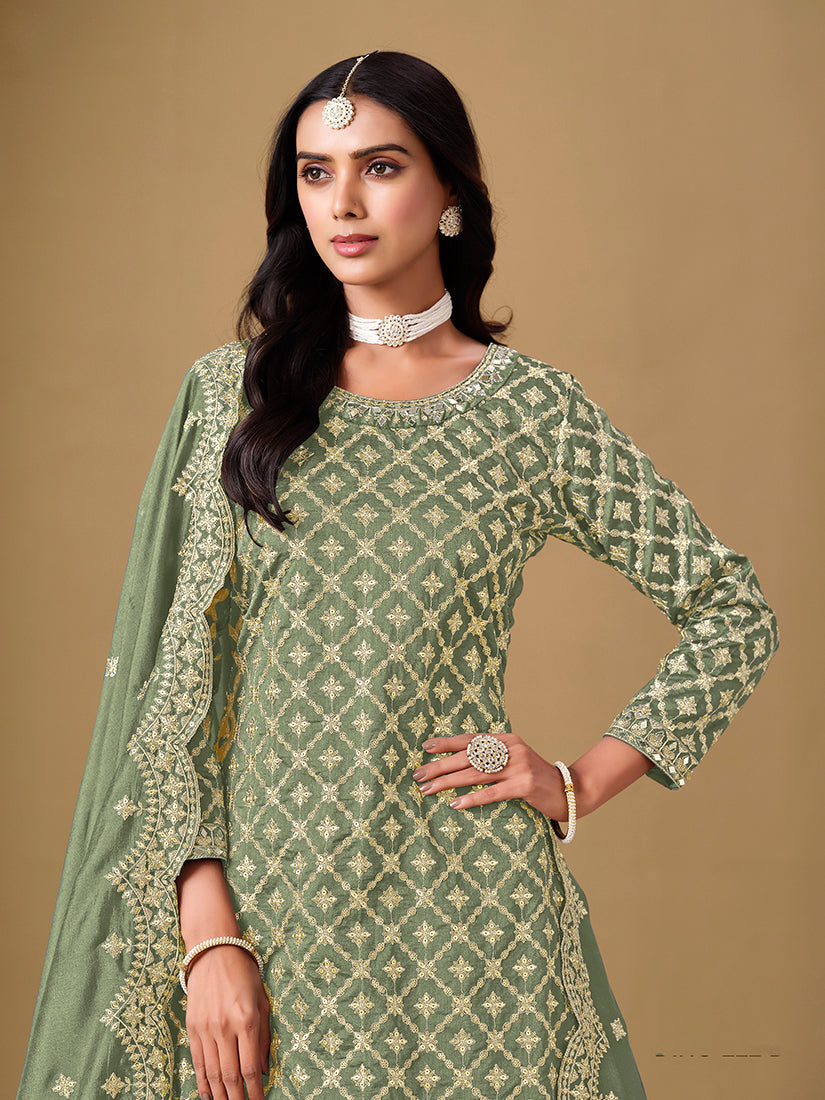 Monjolika Fashion Jacquard Work Dola Sage Green Readymade Lehenga Choli | Grocsy