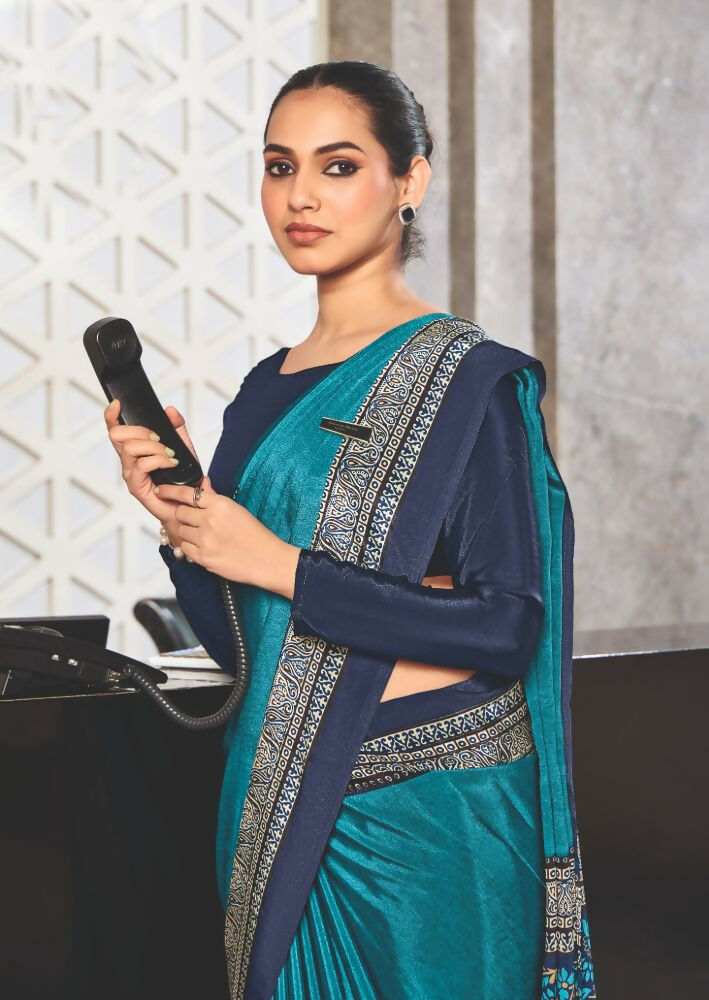 Joban Fashion Blue Crepe Silk with Traditional Print Saree | Grocsy