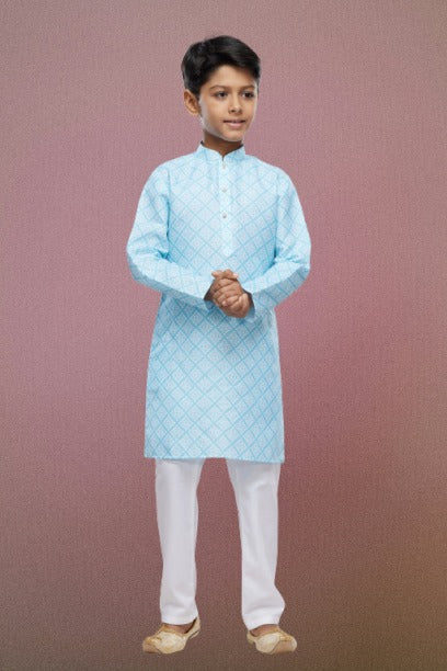 Raivat Ethnic Cotton Digital Print Kids Kurta Pajama In Sky Blue Colour | Grocsy