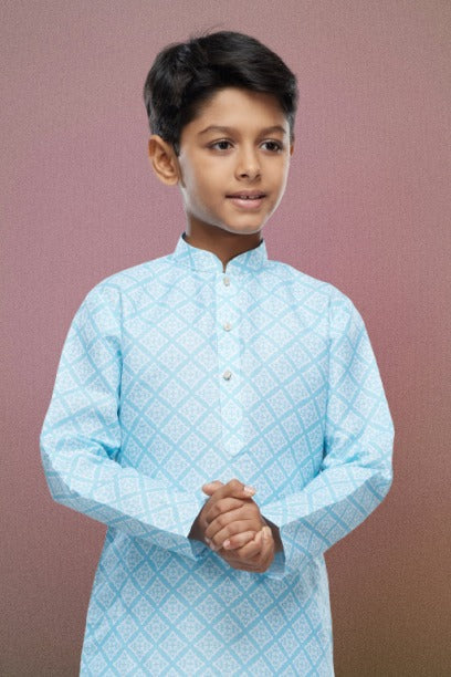 Raivat Ethnic Cotton Digital Print Kids Kurta Pajama In Sky Blue Colour | Grocsy