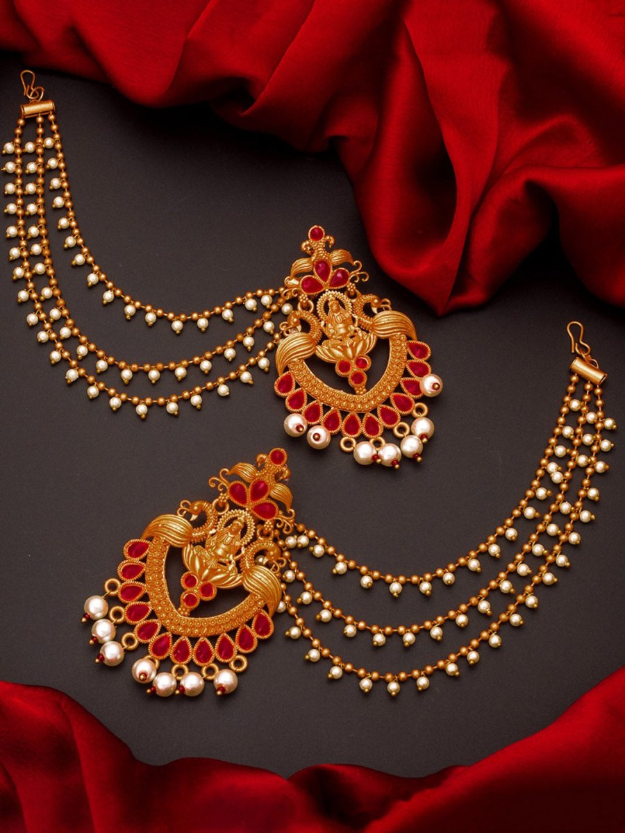 Aadita Red Gold-Toned & White Pearls Studded Contemporary Drop Earrings With Hair Chain | Grocsy